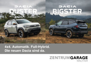 Postkarte Dacia Bigster & Duster für Zentrum-Garage Düdingen AG